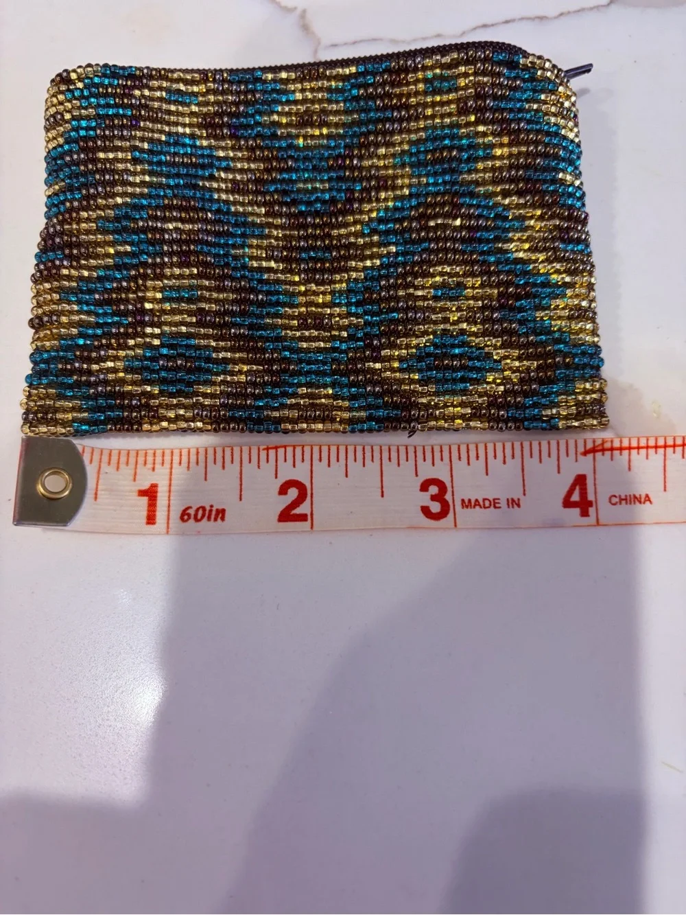 Handcrafted Beaded coin Pouch in Teal, Gold & Brown
